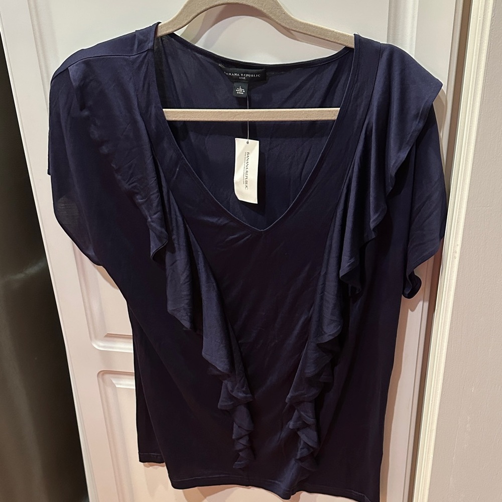 NWT Banana Republic Deep Blueish-Purple  Ruffled front silk tee, L